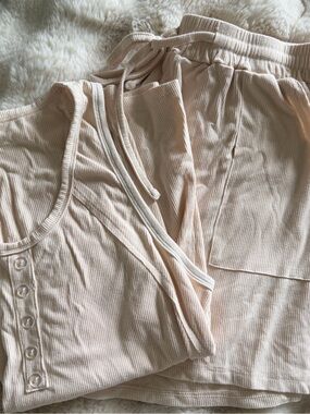 Ribbed Button Tank & Lounge Shorts Set - Cream
